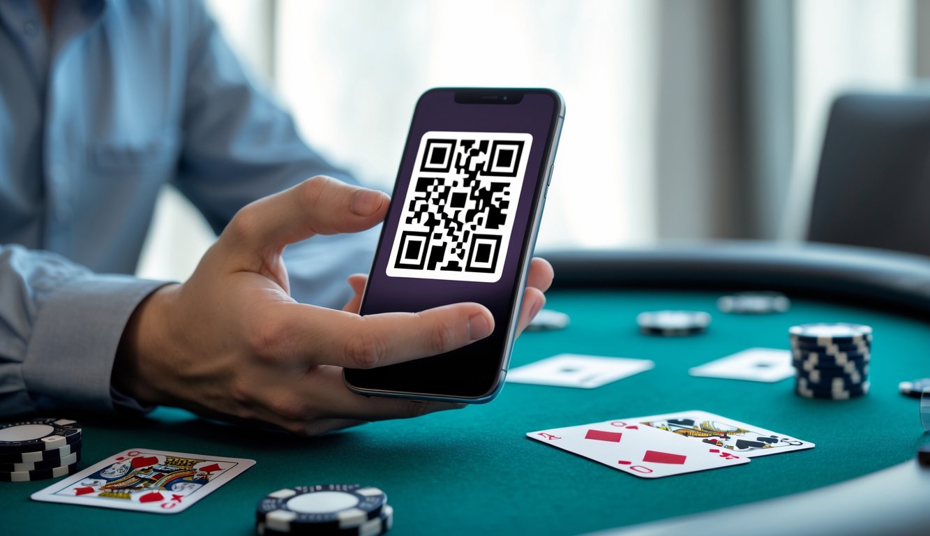 Tangan memegang smartphone dengan kode QR di layar di atas meja poker dengan chip dan kartu.
