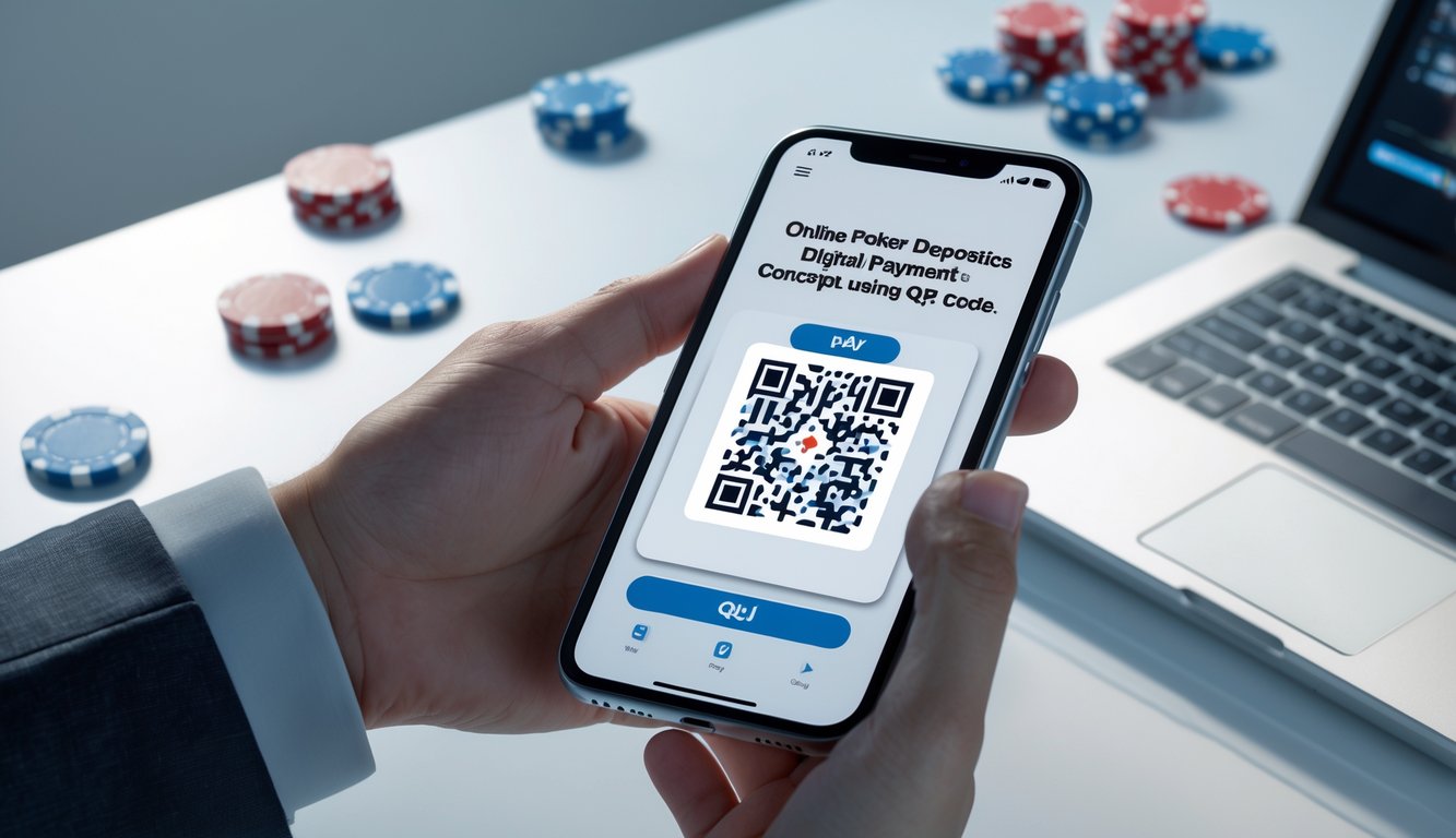 Tangan memegang smartphone dengan kode QR, di latar belakang terdapat chip poker dan kartu bermain di atas meja kerja.