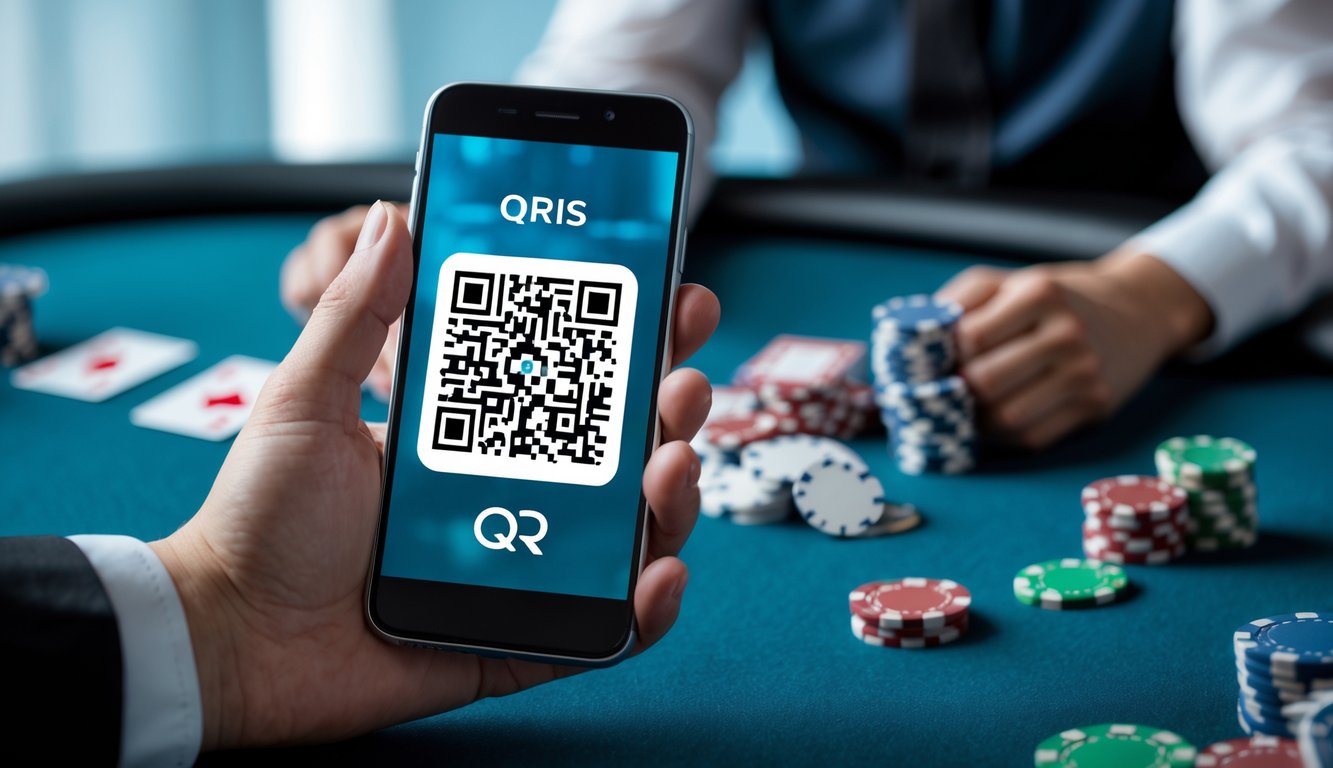 Tangan memegang ponsel dengan kode QR di layar di atas meja poker dengan chip dan kartu.