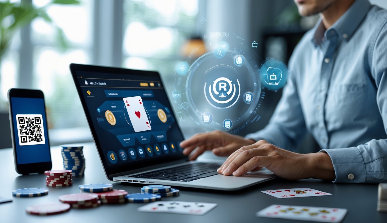 Seseorang duduk di meja dengan laptop, bermain poker online dan menggunakan metode deposit QRIS.