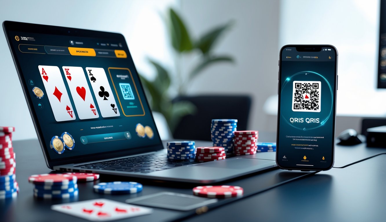Seorang pemain poker online menggunakan laptop dan smartphone dengan kode QRIS untuk deposit di meja permainan poker digital.