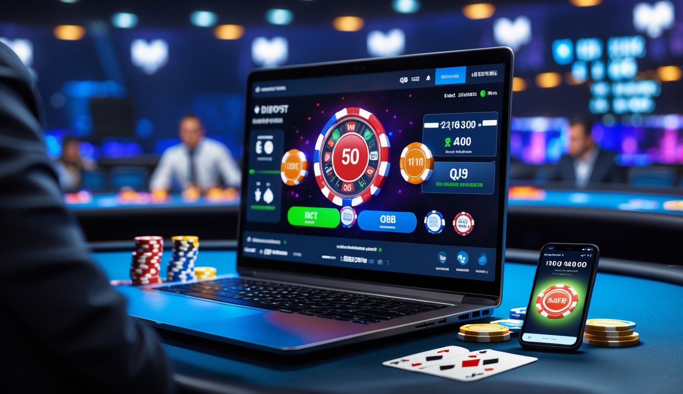 Seseorang bermain poker online dengan laptop dan ponsel yang menampilkan kode QR untuk deposit, dengan suasana turnamen poker yang ramai di latar belakang.