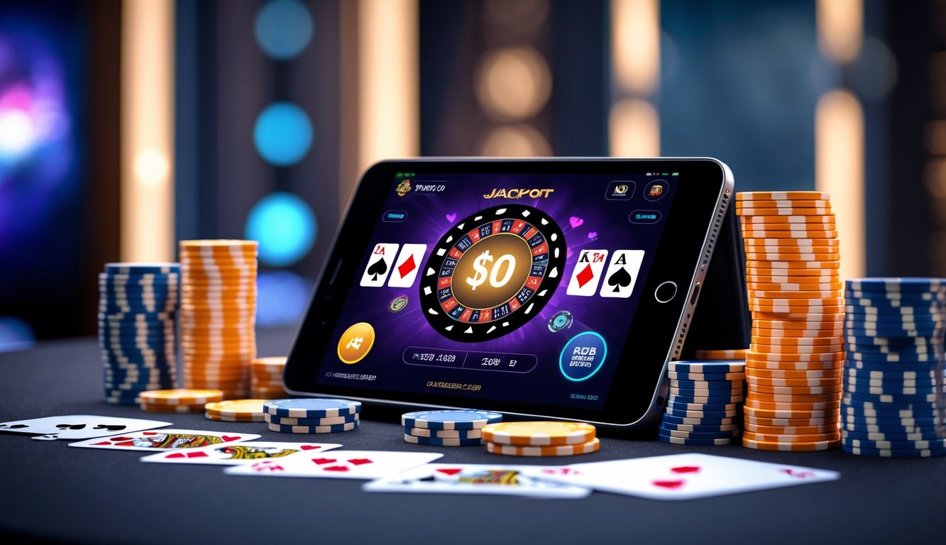 Sebuah perangkat digital menampilkan permainan poker online dengan kartu dan tumpukan chip di atas meja, menunjukkan suasana turnamen poker dan kemudahan pembayaran QRIS.