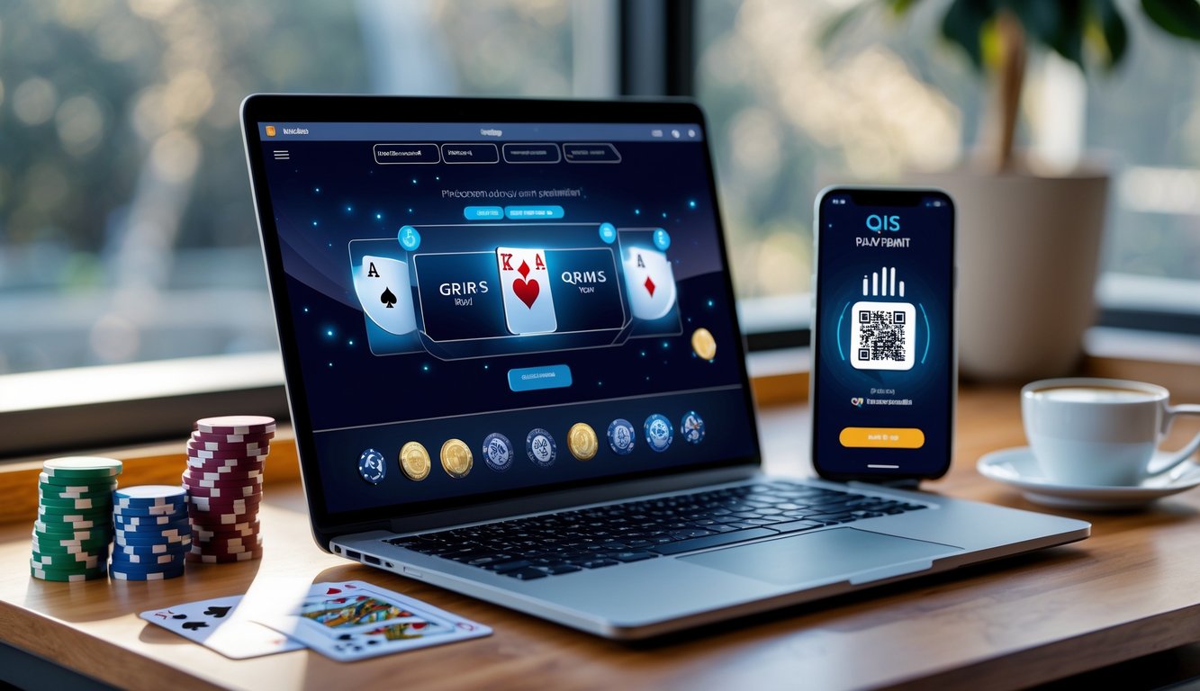 Meja kerja dengan laptop menampilkan permainan poker dan ponsel dengan kode QR untuk pembayaran QRIS, dilengkapi chip poker dan kartu remi.