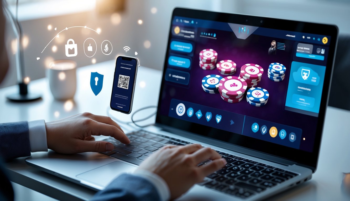Seseorang menggunakan laptop untuk bermain poker online dengan tampilan kode QR di ponsel di sampingnya di meja kerja yang rapi.