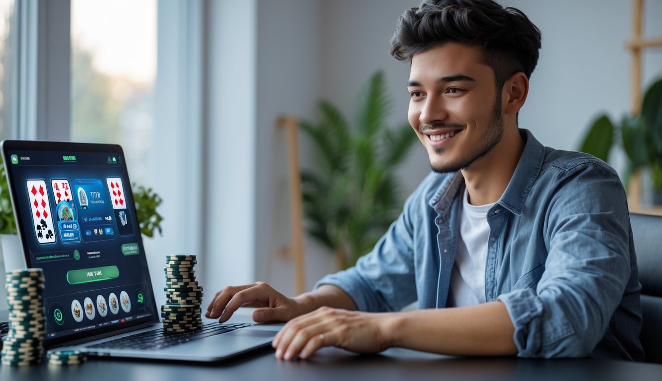 Seorang dewasa muda duduk di meja modern dengan laptop dan chip poker, tersenyum fokus bermain permainan kartu online di ruang kerja yang nyaman.