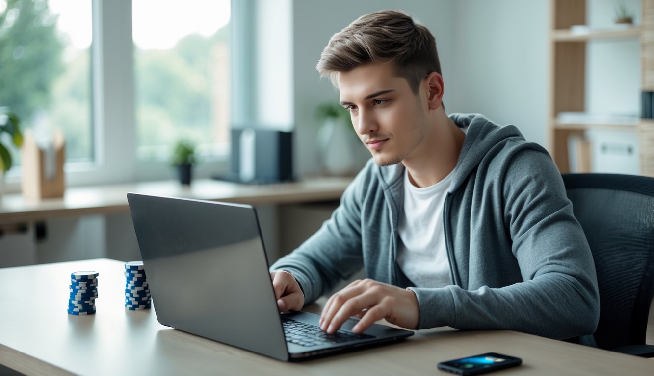 Seorang pria muda sedang fokus bermain permainan kartu online di laptop di ruang kerja rumah yang rapi.