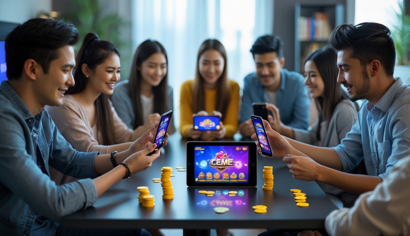 Sekelompok orang muda sedang bermain permainan kartu online di ruang tamu yang nyaman menggunakan ponsel dan tablet.