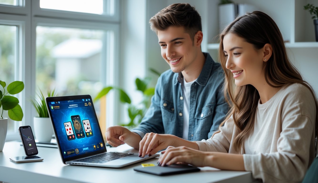 Dua orang muda bermain permainan kartu online di laptop di ruang kerja rumah yang terang dan rapi.