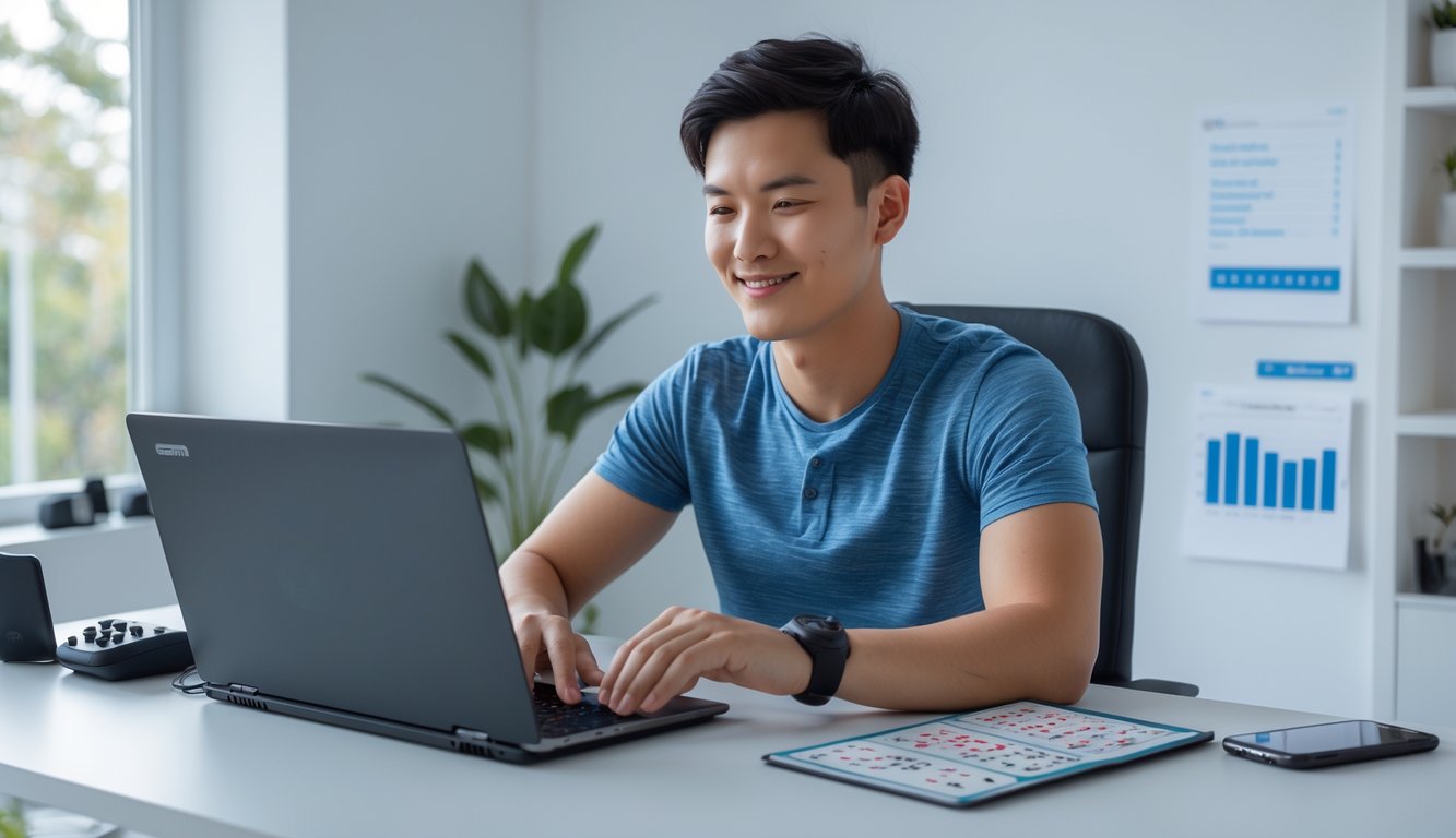 Seorang pria muda duduk di depan laptop di ruang kerja rumah, fokus bermain permainan kartu online dengan suasana cerah dan rapi.