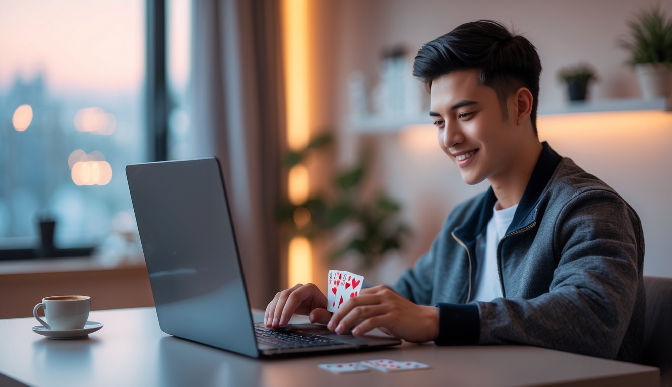 Seorang pria muda duduk di meja modern sambil bermain permainan kartu online di laptop dengan ekspresi fokus dan optimis.