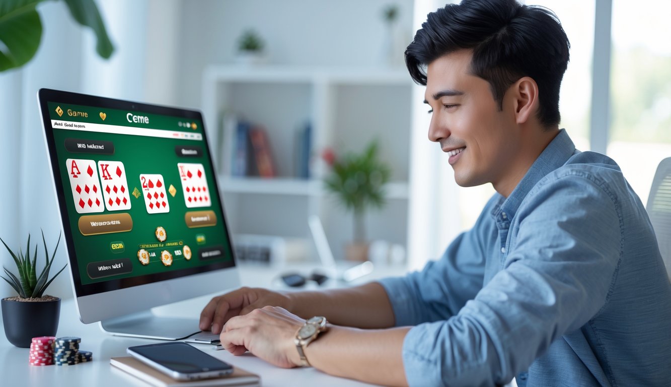 Seorang pria muda duduk di depan laptop di ruang kerja rumah, fokus pada permainan kartu digital dengan chip poker di meja dan ponsel yang menunjukkan notifikasi bonus anggota baru.