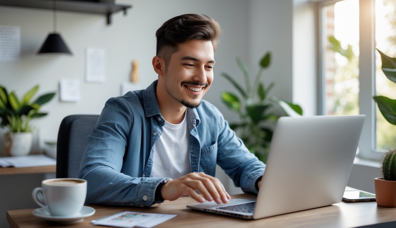 Seorang pria muda duduk di meja dengan laptop, bermain permainan kartu online di ruangan yang terang dan nyaman.