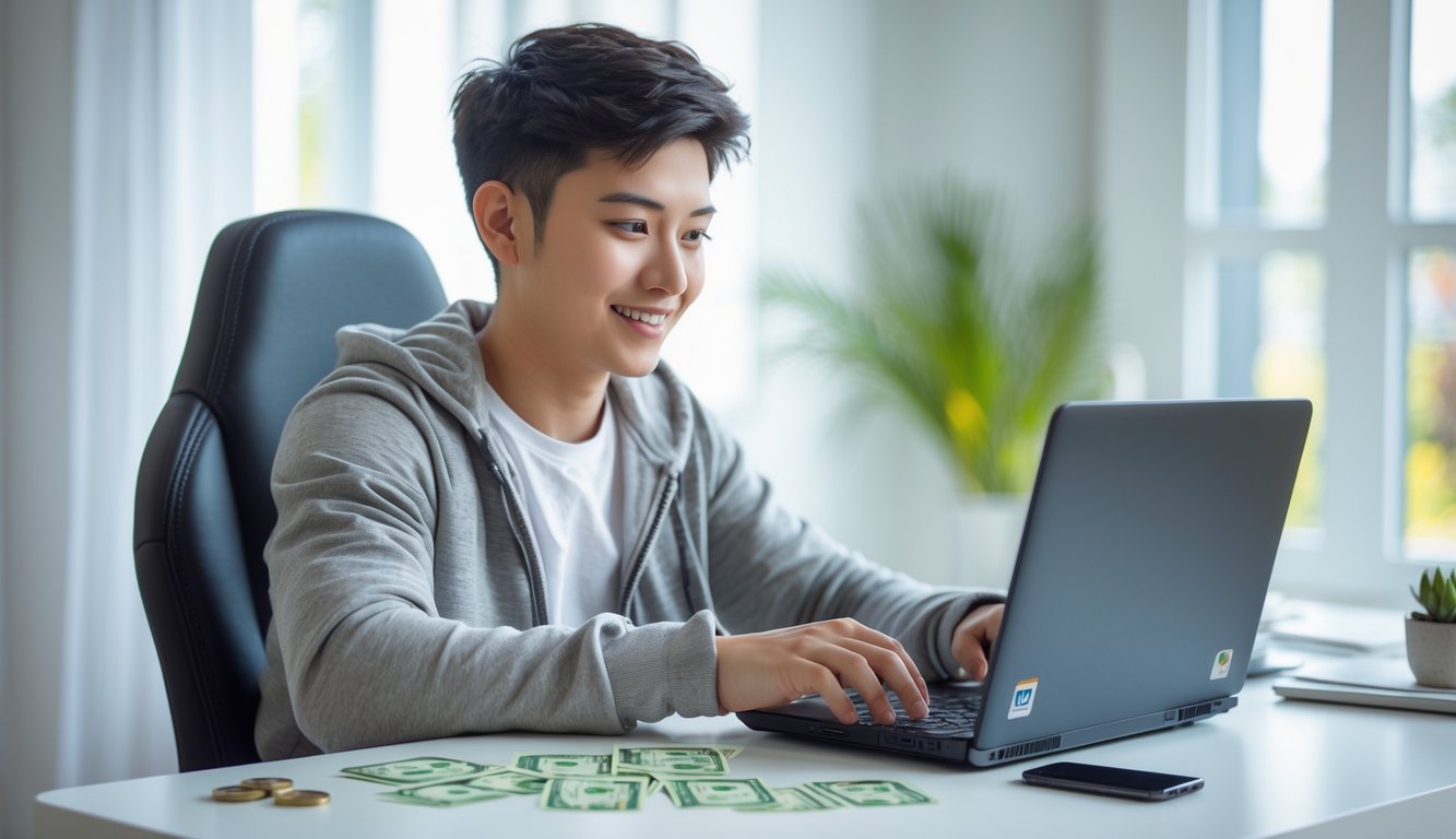 Seorang pemuda sedang bermain game kartu online di laptop di meja rumah dengan suasana terang dan nyaman.