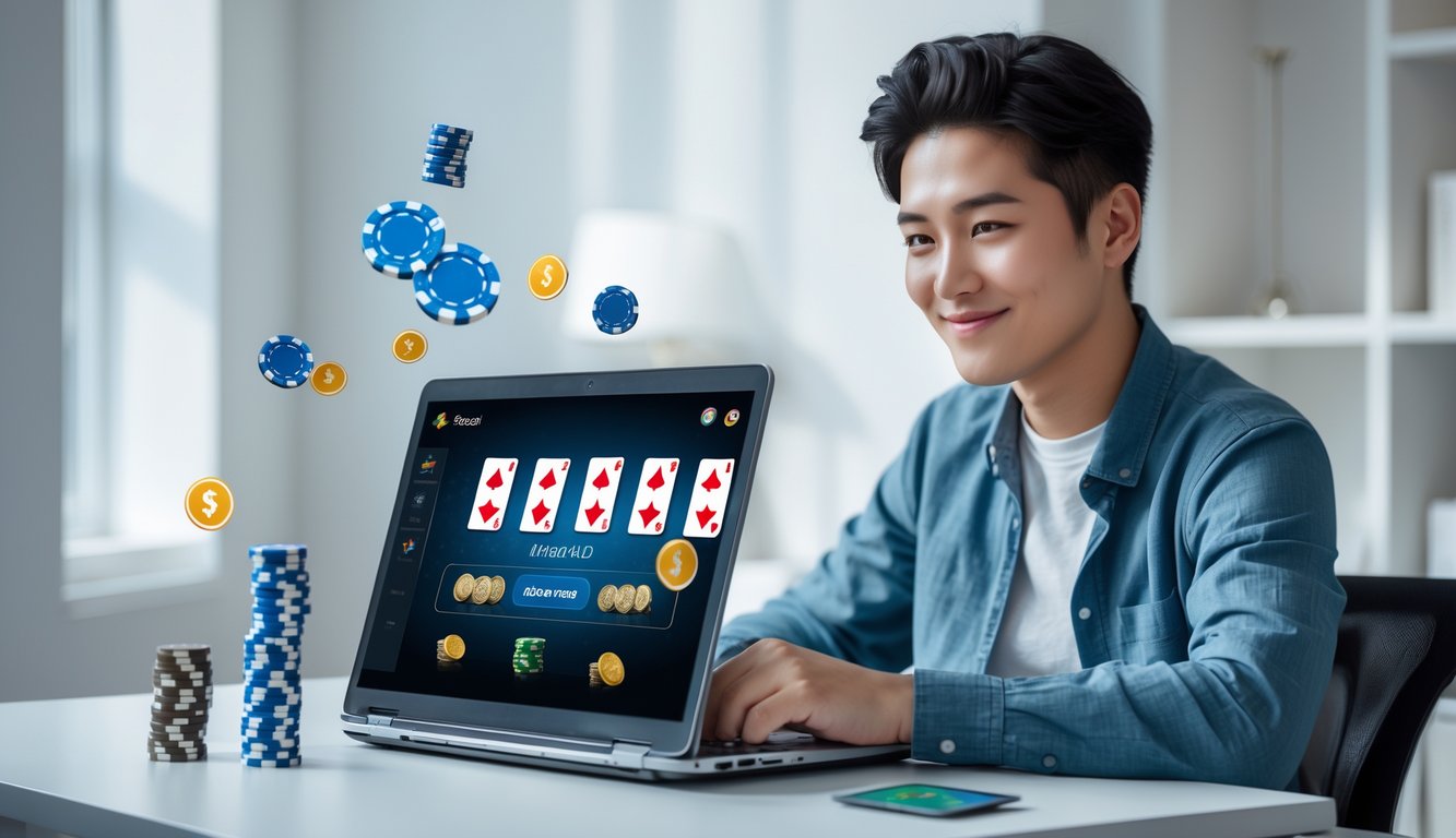Seorang dewasa muda duduk di meja dengan laptop yang menampilkan permainan kartu online, terlihat fokus dan percaya diri di ruang kerja rumah yang terang.