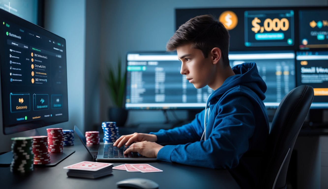 Seorang dewasa muda duduk di meja kerja dengan laptop, kartu remi, dan chip poker, fokus pada strategi bermain game online dengan modal kecil.