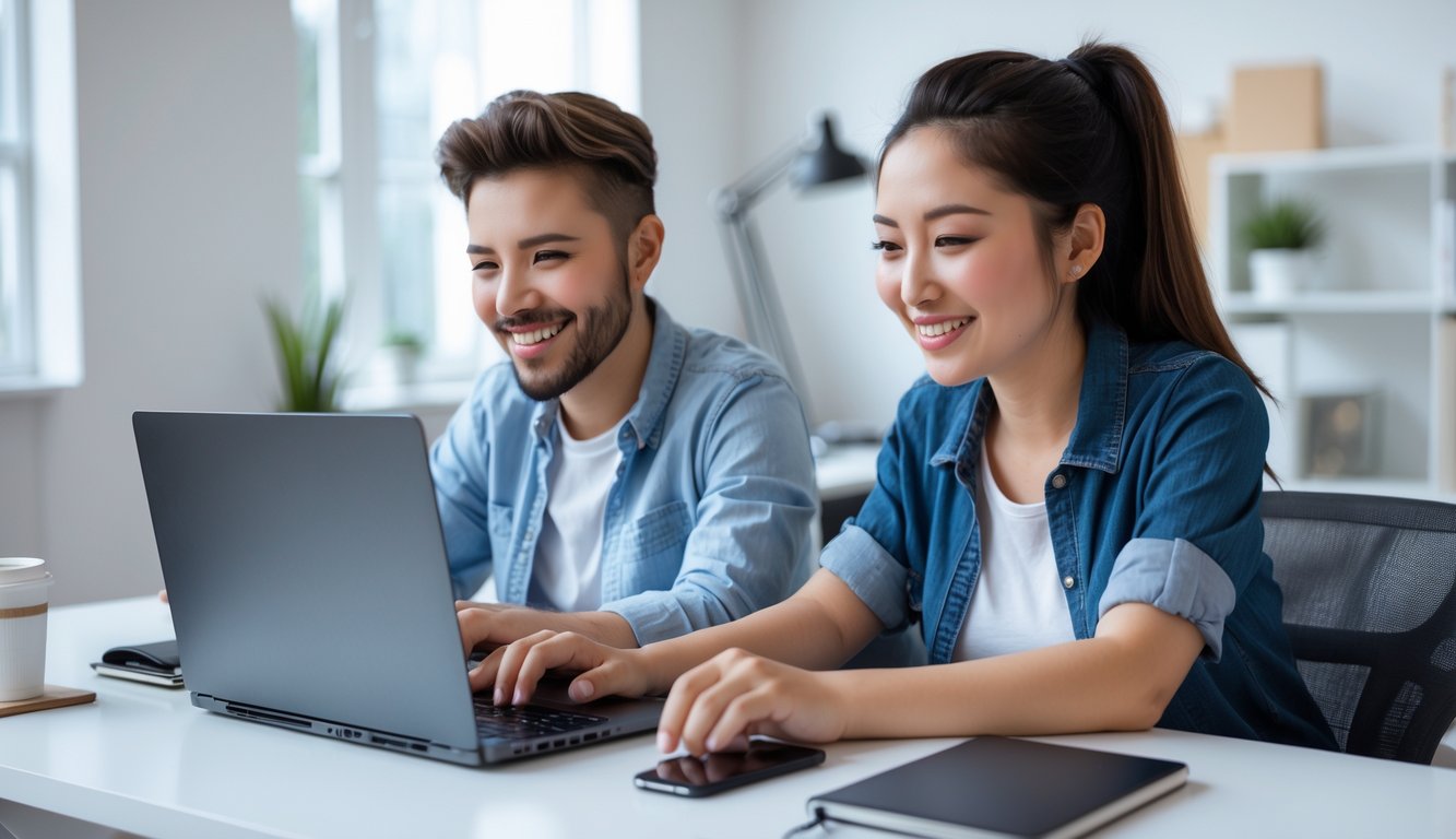 Seorang pria dan wanita muda duduk di meja modern sambil bermain game online di laptop, terlihat fokus dan tersenyum di ruang kerja yang terang dan rapi.