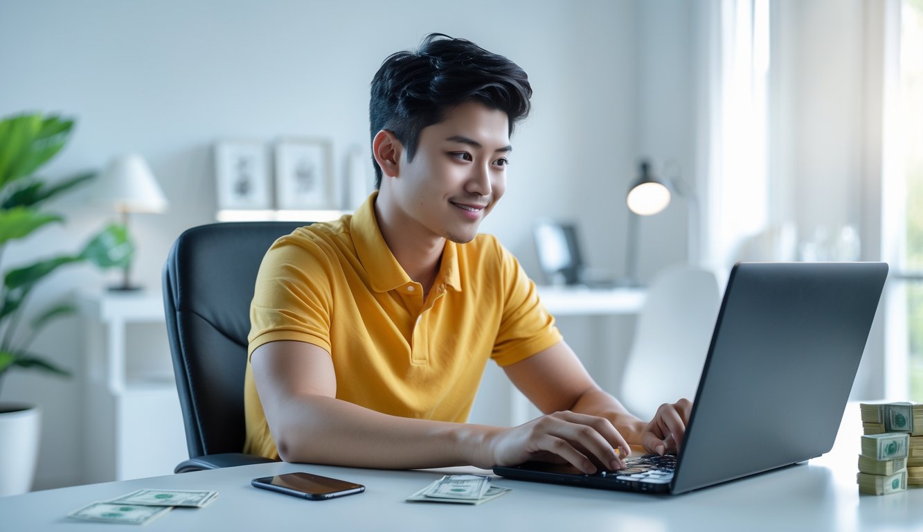 Seorang pria muda duduk di meja dengan laptop dan uang, fokus menggunakan perangkat untuk aktivitas online.