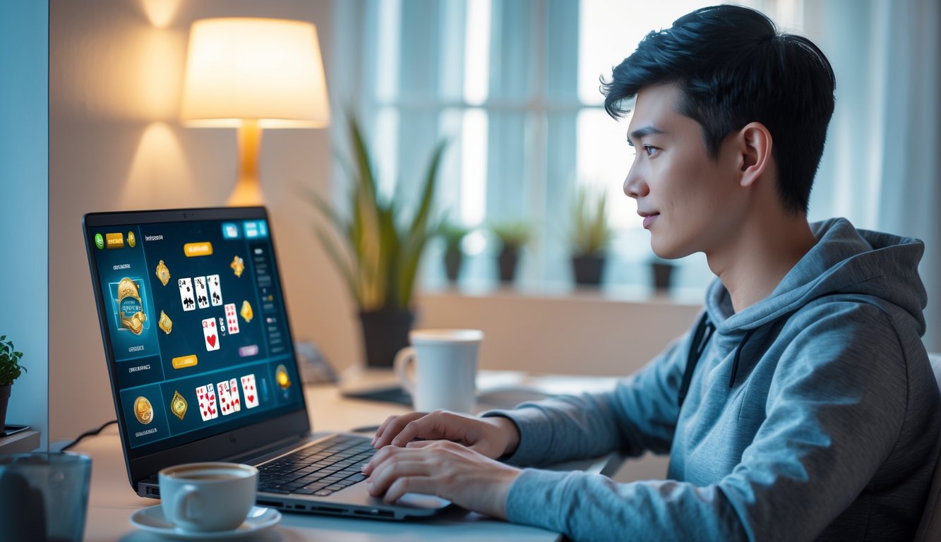 Seorang pria muda duduk di meja dengan laptop yang menampilkan permainan kartu online, di ruangan yang terang dan nyaman.