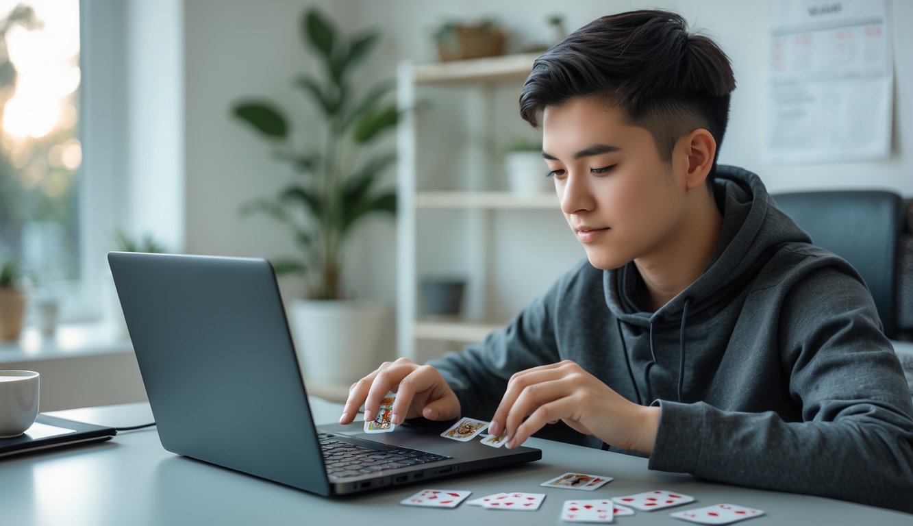 Seorang dewasa muda sedang fokus bermain permainan kartu online di laptop di ruang kerja rumah yang nyaman.