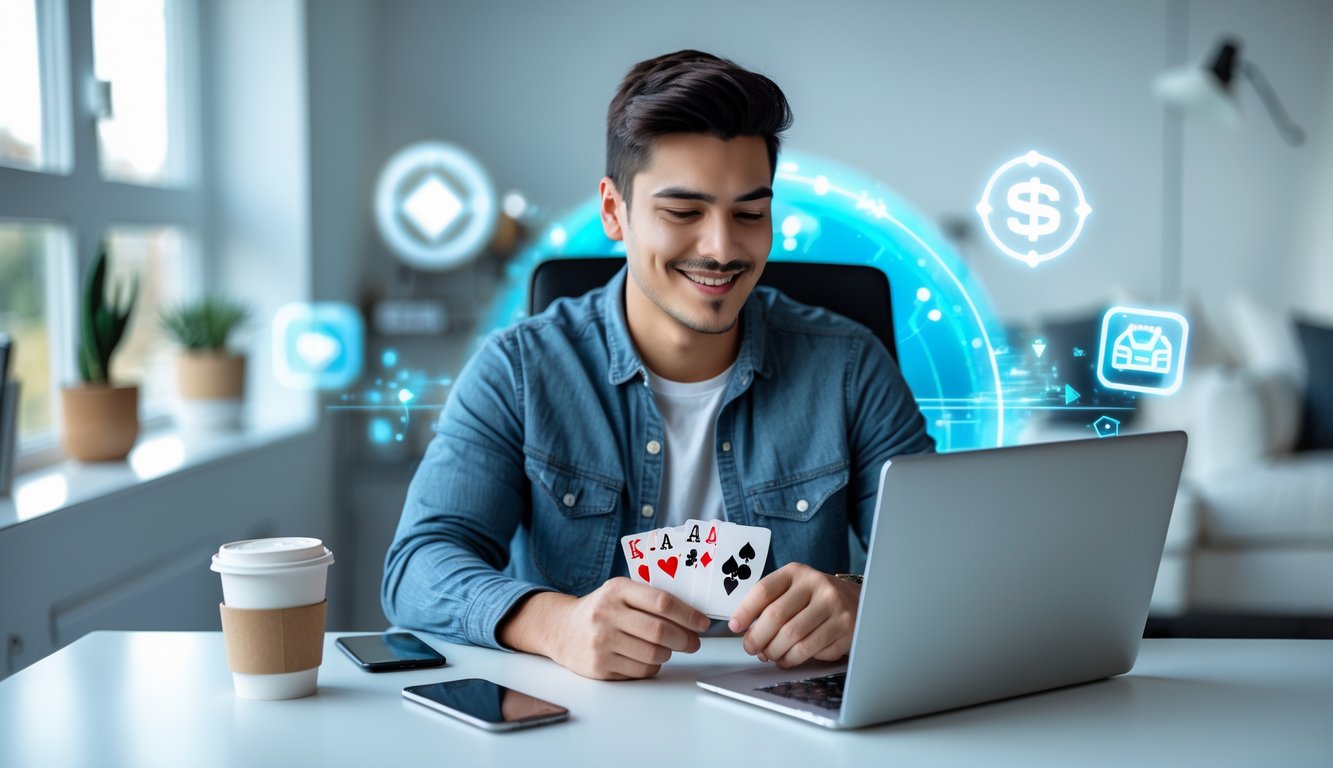 Seorang dewasa muda duduk di meja modern menggunakan laptop untuk bermain kartu online dengan ekspresi fokus dan senyum ringan di ruang kerja yang terang dan rapi.