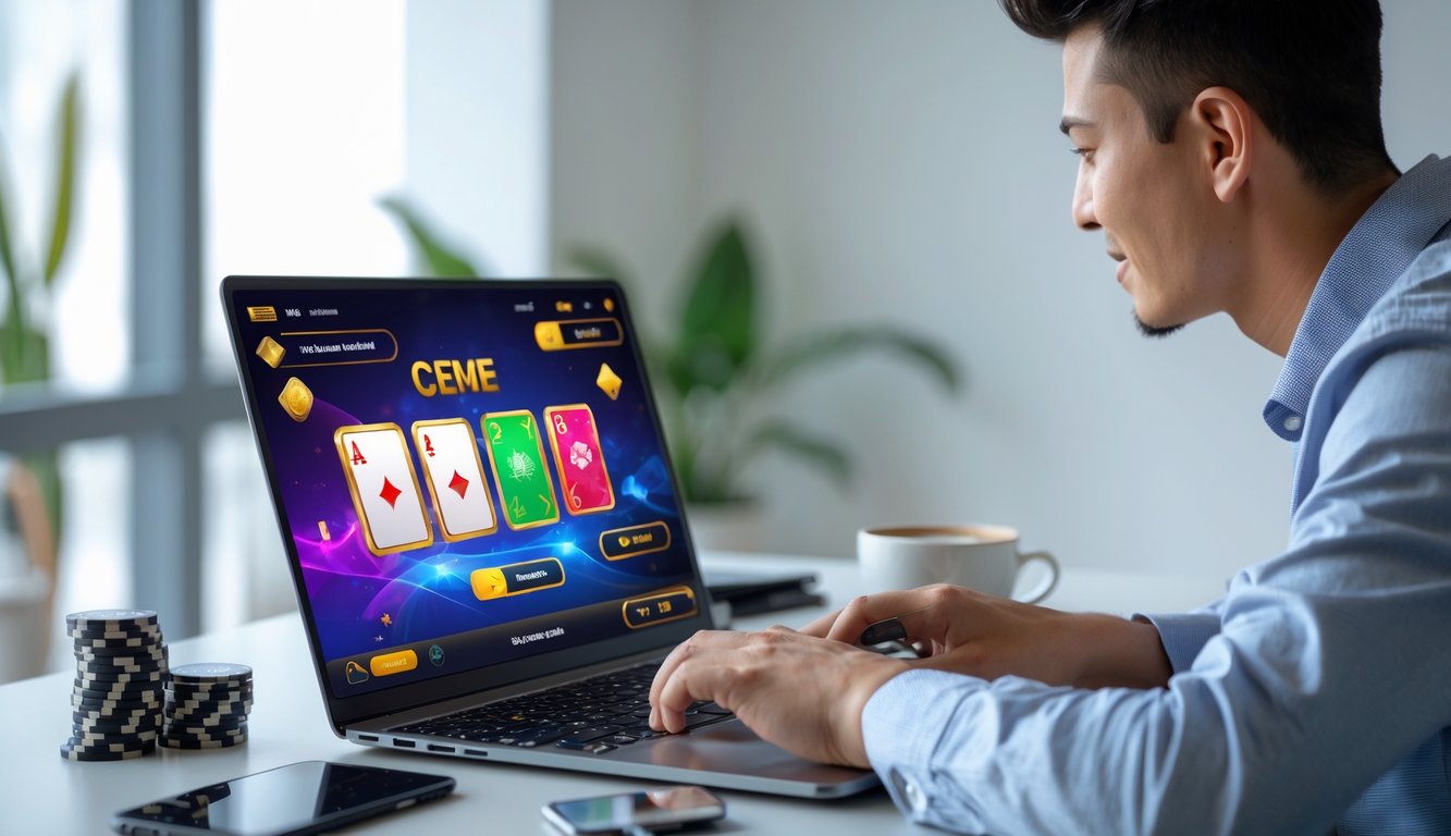 Seorang pria muda duduk di meja dengan laptop, bermain permainan kartu online dan tampak fokus serta bersemangat.