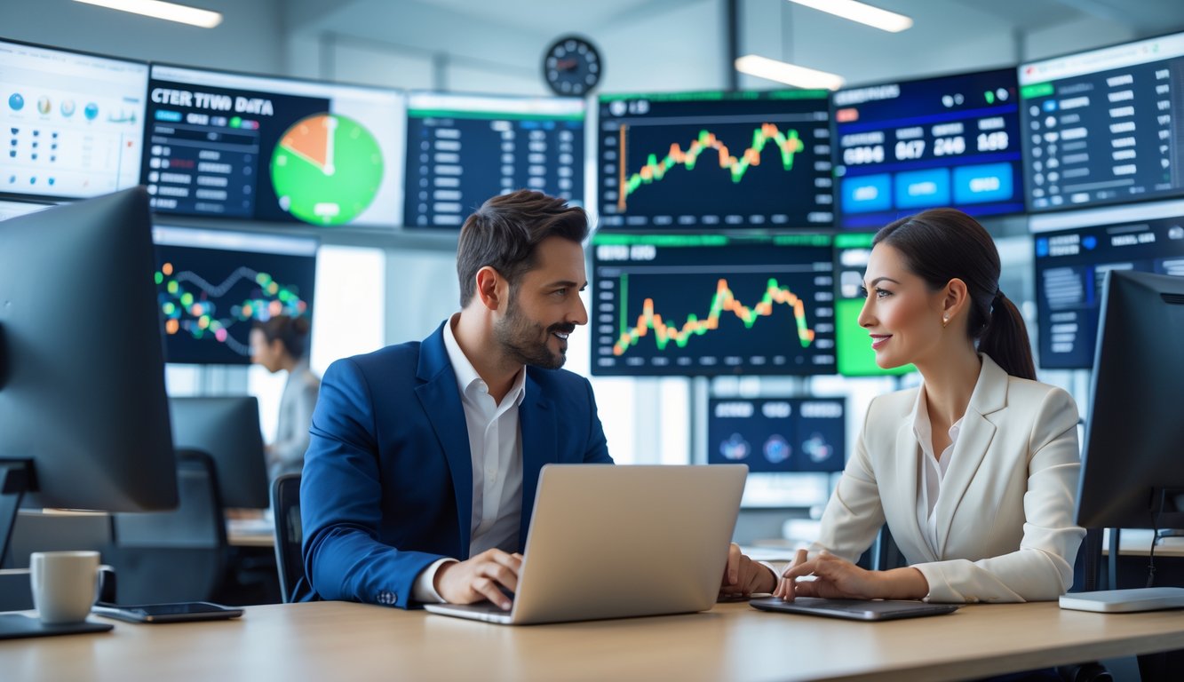 Dua orang profesional sedang berdiskusi di kantor modern dengan layar komputer menampilkan data taruhan olahraga dan grafik.
