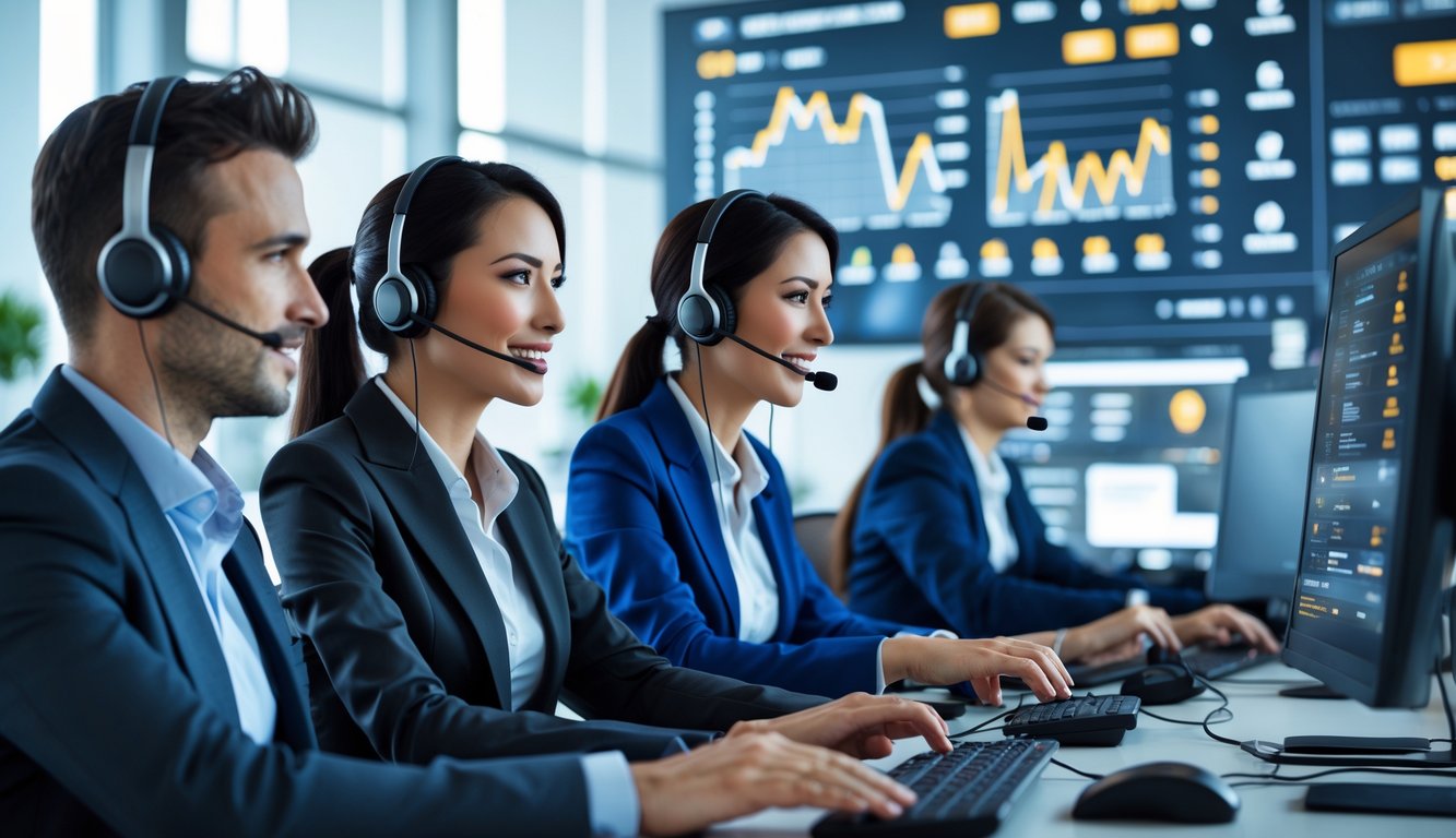 Tim agen layanan pelanggan sedang bekerja di kantor modern dengan komputer dan headset, menunjukkan layanan pembayaran cepat 24 jam.