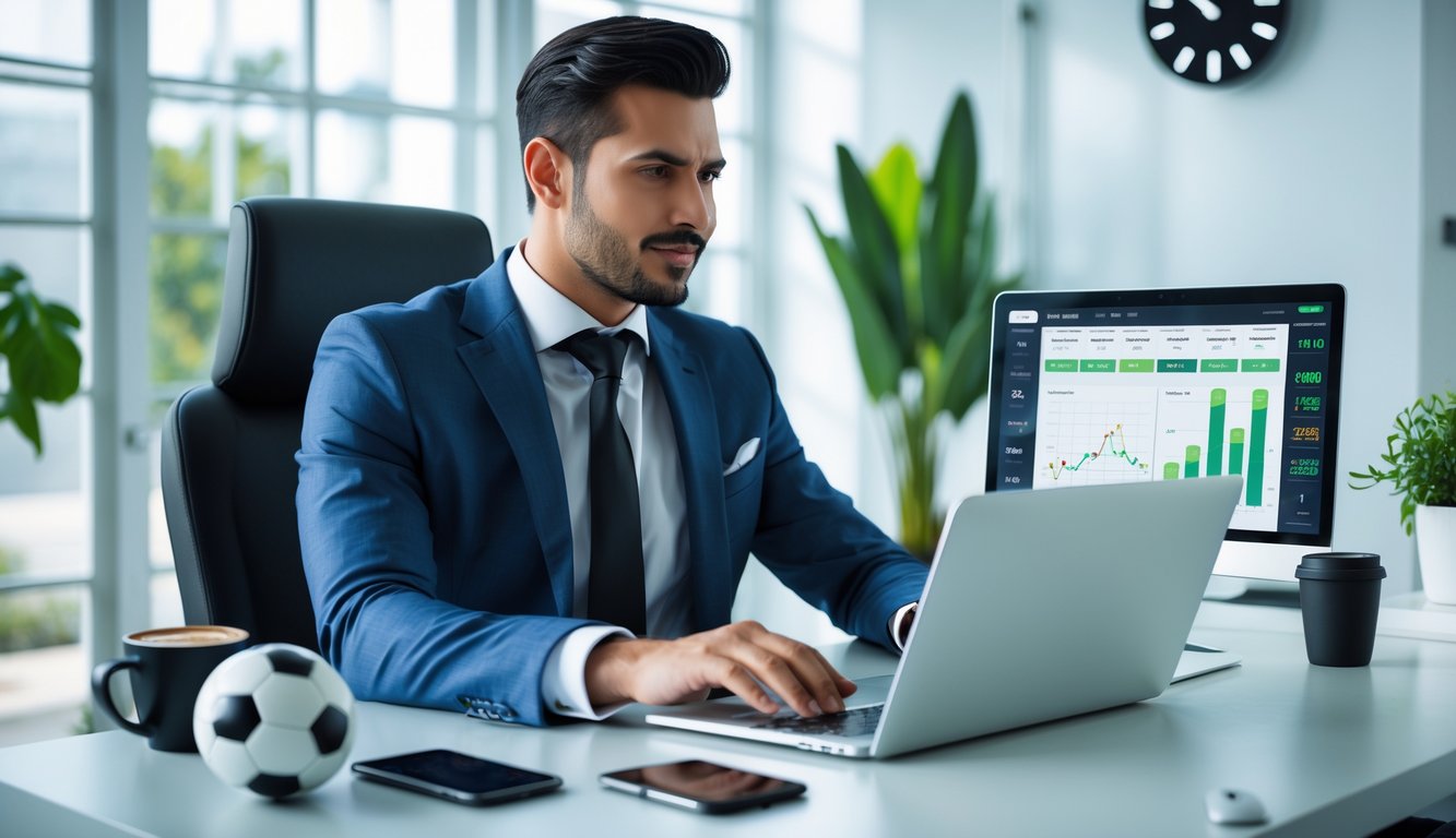 Seorang pria berpakaian rapi duduk di meja kerja modern menggunakan laptop dengan grafik di layar, di sekitarnya terdapat bola sepak dan ponsel yang menampilkan aplikasi taruhan.