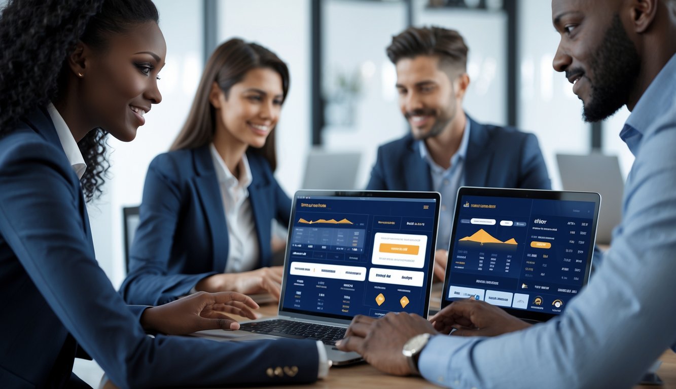 Orang-orang menggunakan perangkat digital untuk taruhan bola online dalam suasana yang aman dan profesional.