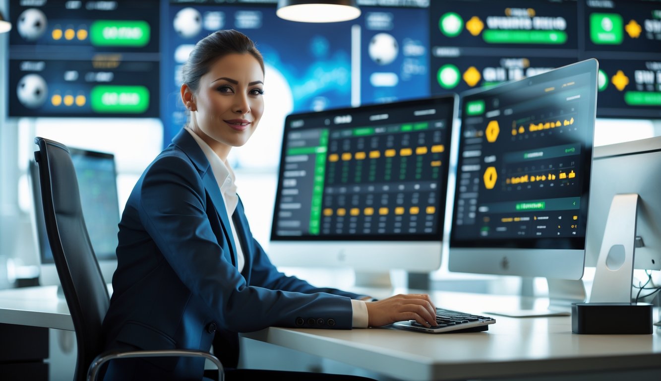 Seorang profesional duduk di depan komputer dengan layar menampilkan data taruhan olahraga dan ikon transaksi instan di kantor modern.
