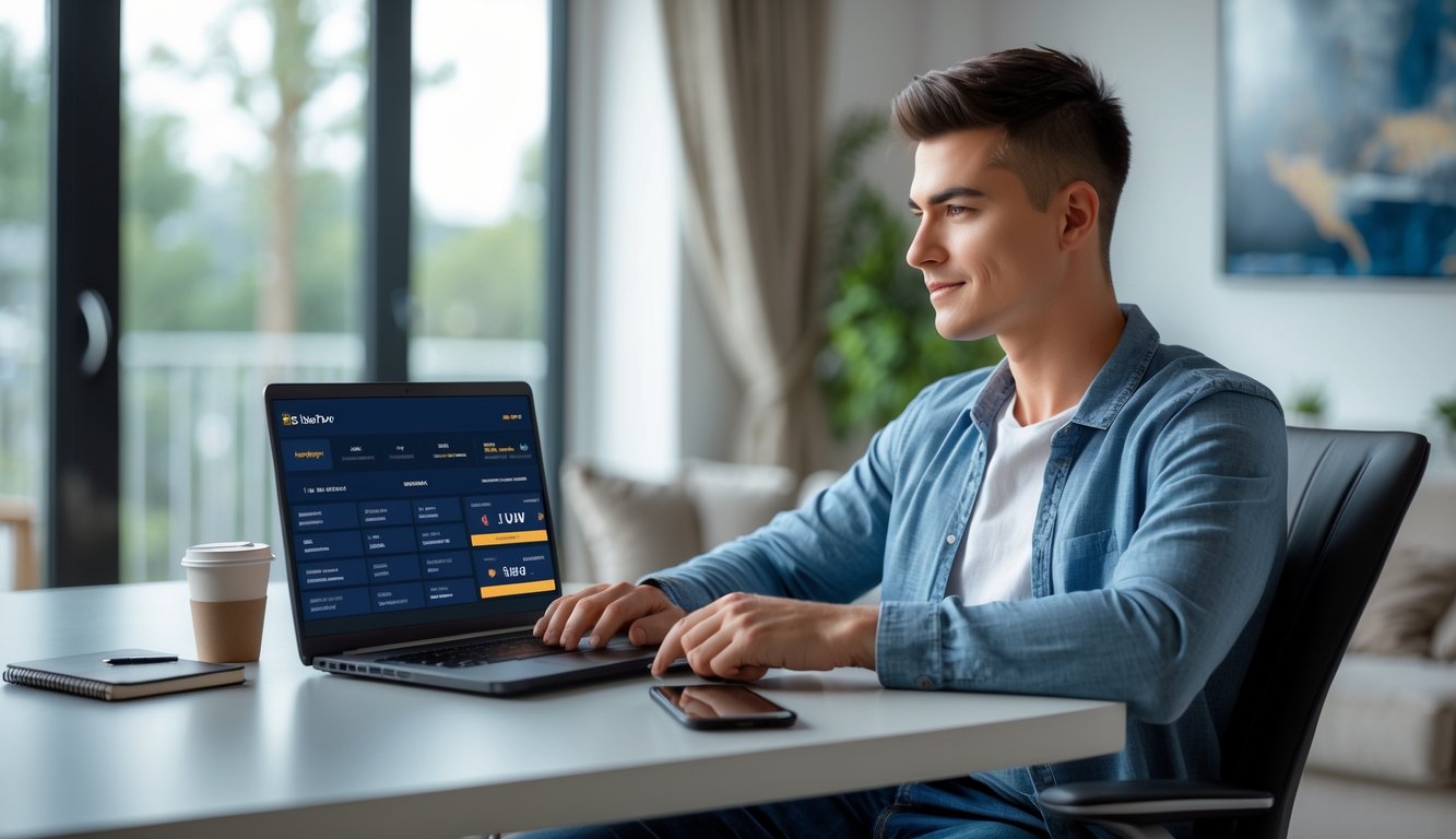 Seorang pria muda duduk di meja dengan laptop, menggunakan situs taruhan bola online dengan suasana yang tenang dan profesional.