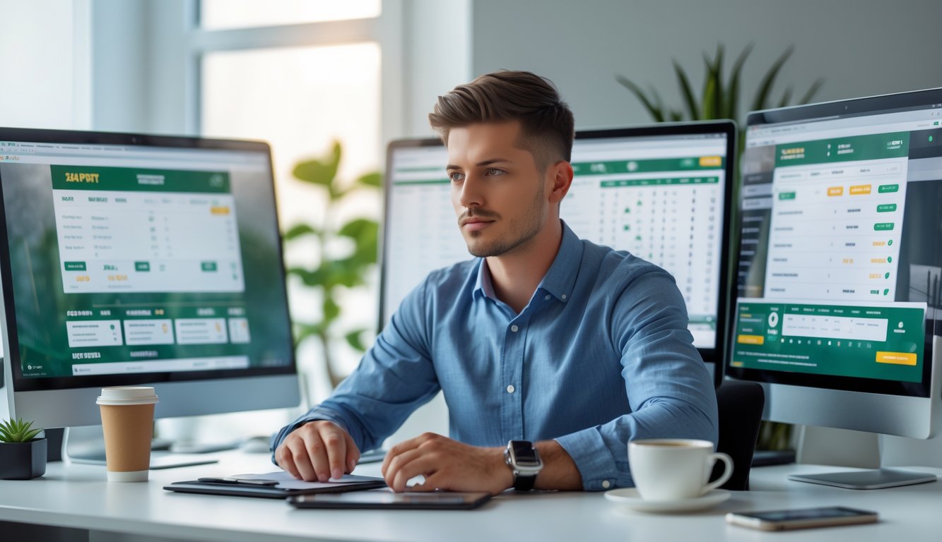 Seorang pria muda duduk di meja dengan beberapa layar komputer yang menampilkan antarmuka taruhan bola online, tampak fokus dan tenang dalam suasana kantor yang terang.