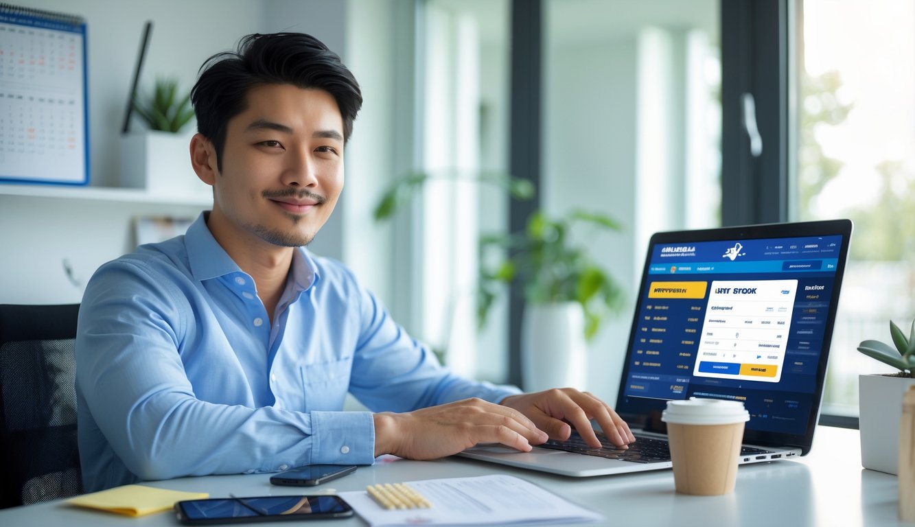 Seorang pria muda duduk di meja dengan laptop dan ponsel, menggunakan aplikasi taruhan bola online dalam ruangan yang terang dan nyaman.