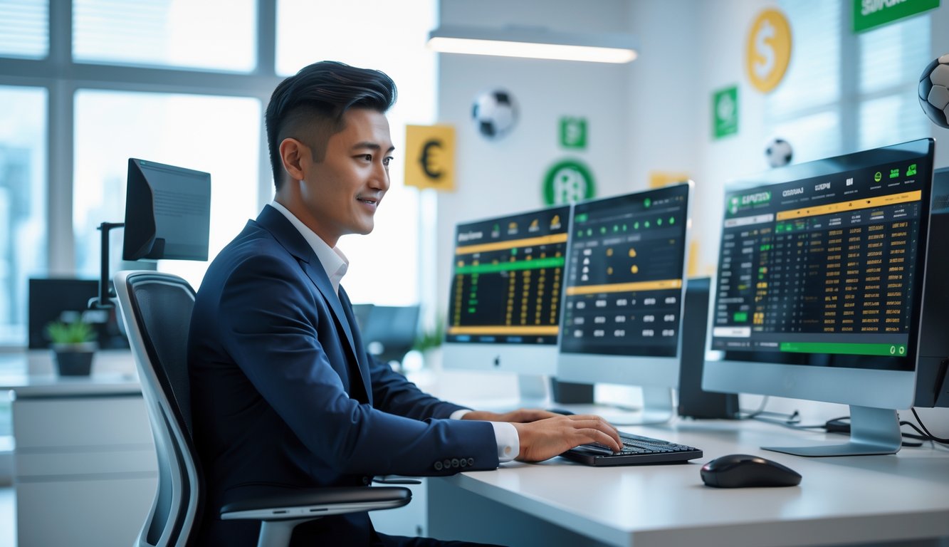 Seorang pria profesional sedang bekerja di depan beberapa layar komputer yang menampilkan informasi taruhan olahraga online di sebuah kantor modern.