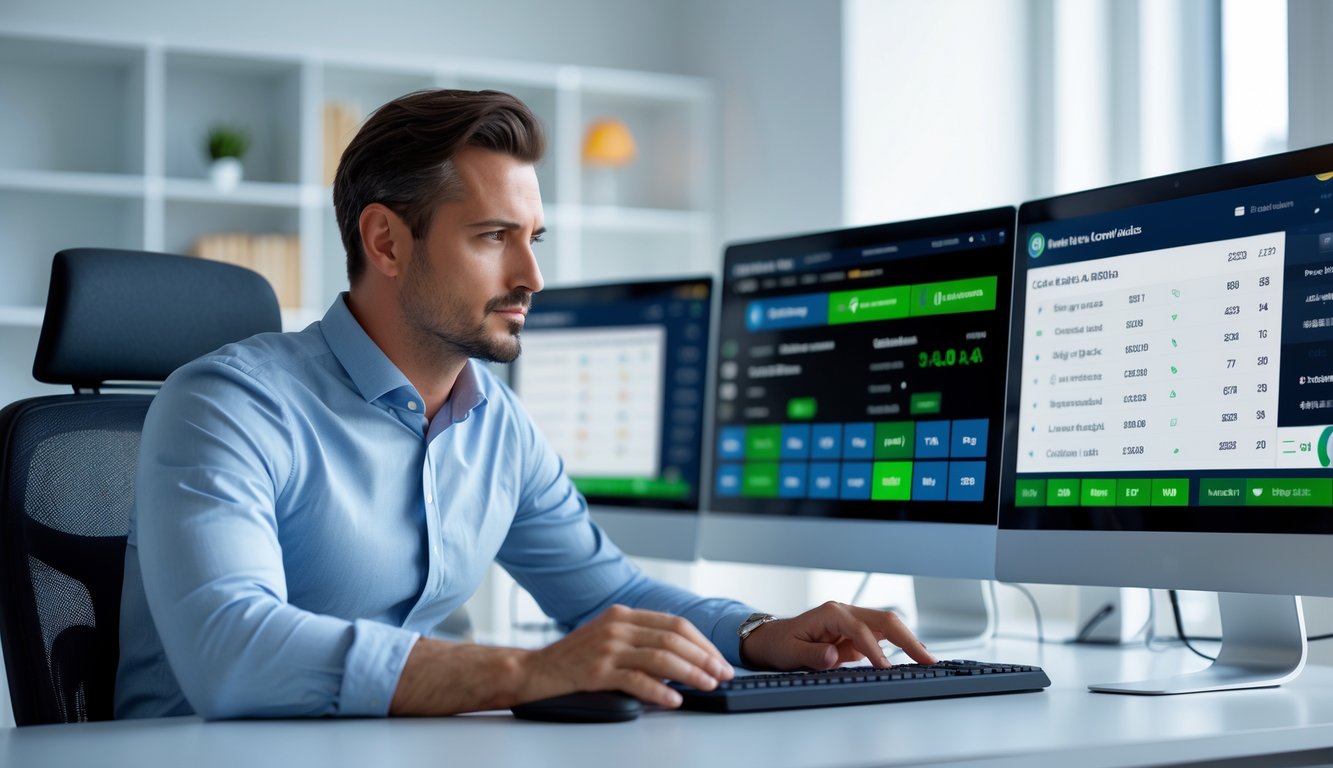 Seorang pria duduk di depan beberapa layar komputer yang menampilkan situs taruhan bola online dan statistik pertandingan sepak bola dengan ekspresi fokus.