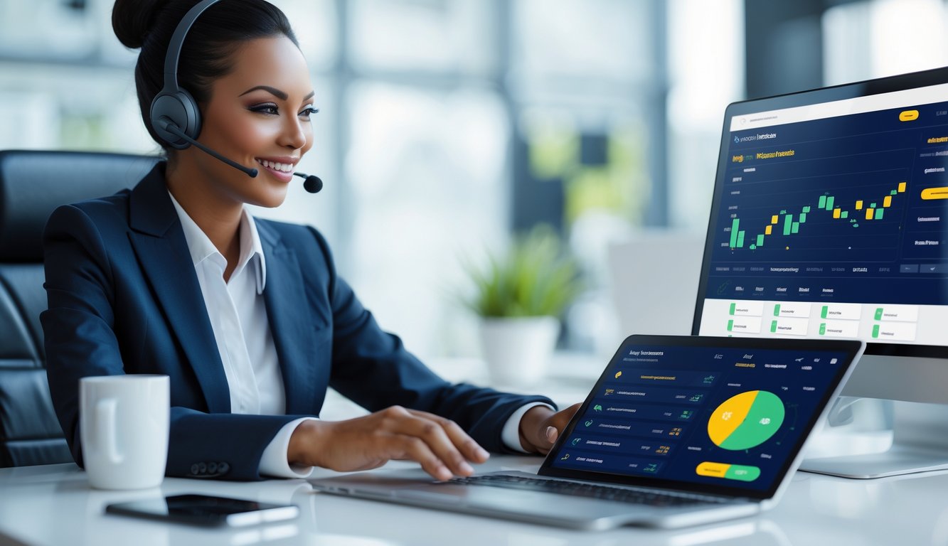 Seorang perwakilan layanan pelanggan yang tersenyum menggunakan headset di depan laptop, dengan perangkat digital di meja, menunjukkan suasana kantor layanan taruhan online yang cepat dan profesional.