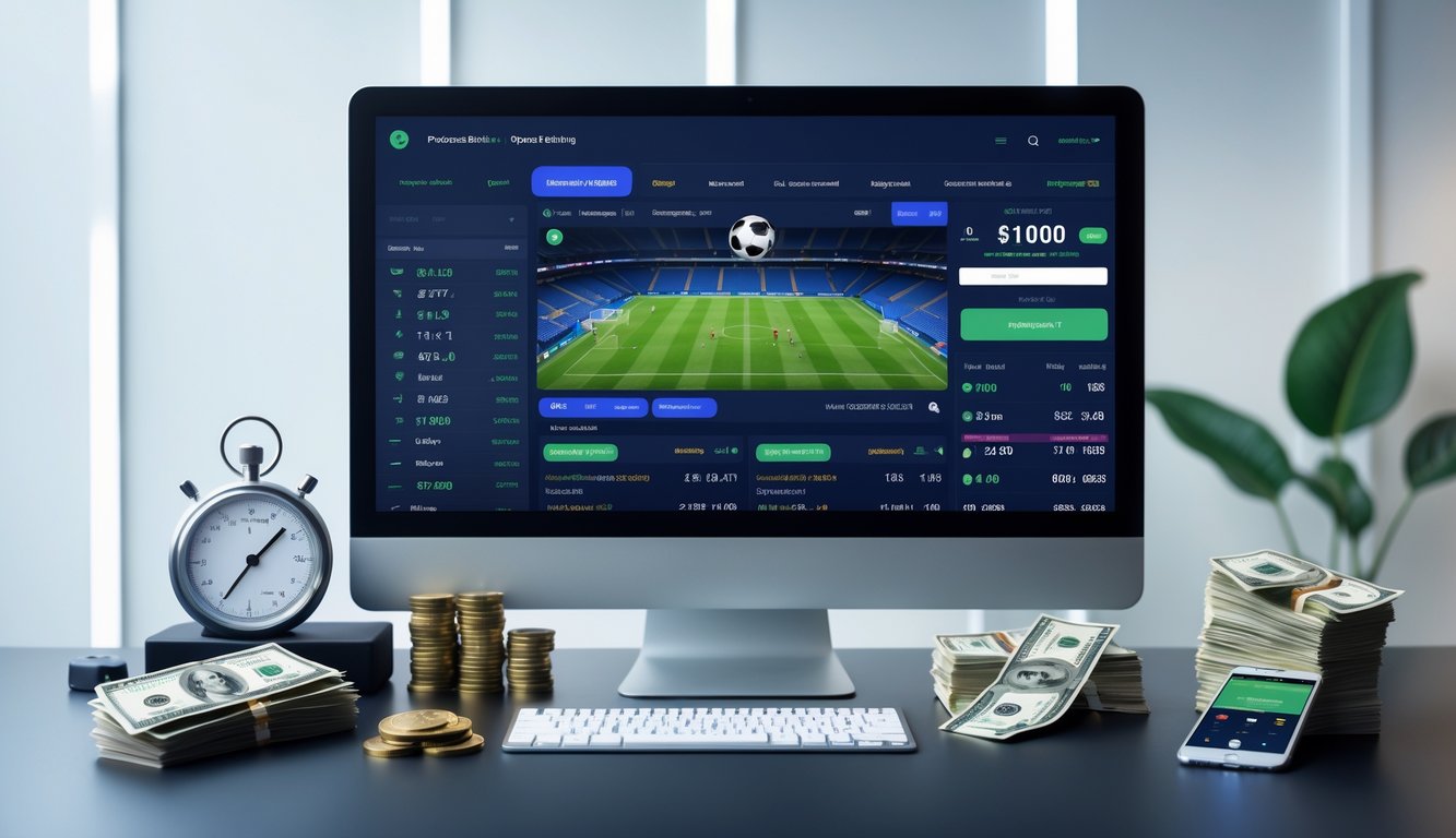 Meja kerja modern dengan komputer menampilkan statistik pertandingan sepak bola dan perangkat teknologi terkait taruhan online.