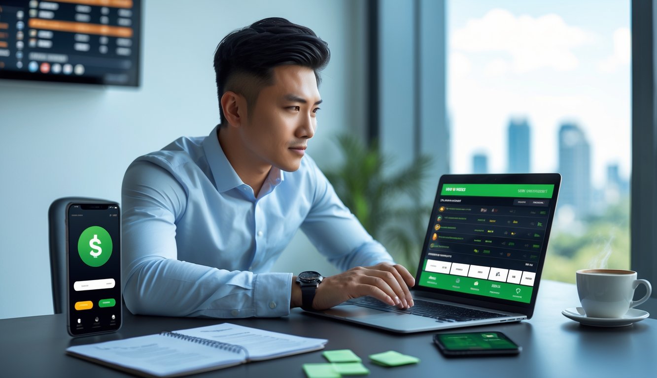 Seorang pria muda duduk di meja kerja dengan laptop yang menampilkan antarmuka taruhan olahraga online, di ruang kantor modern dengan jendela besar dan pemandangan kota di latar belakang.