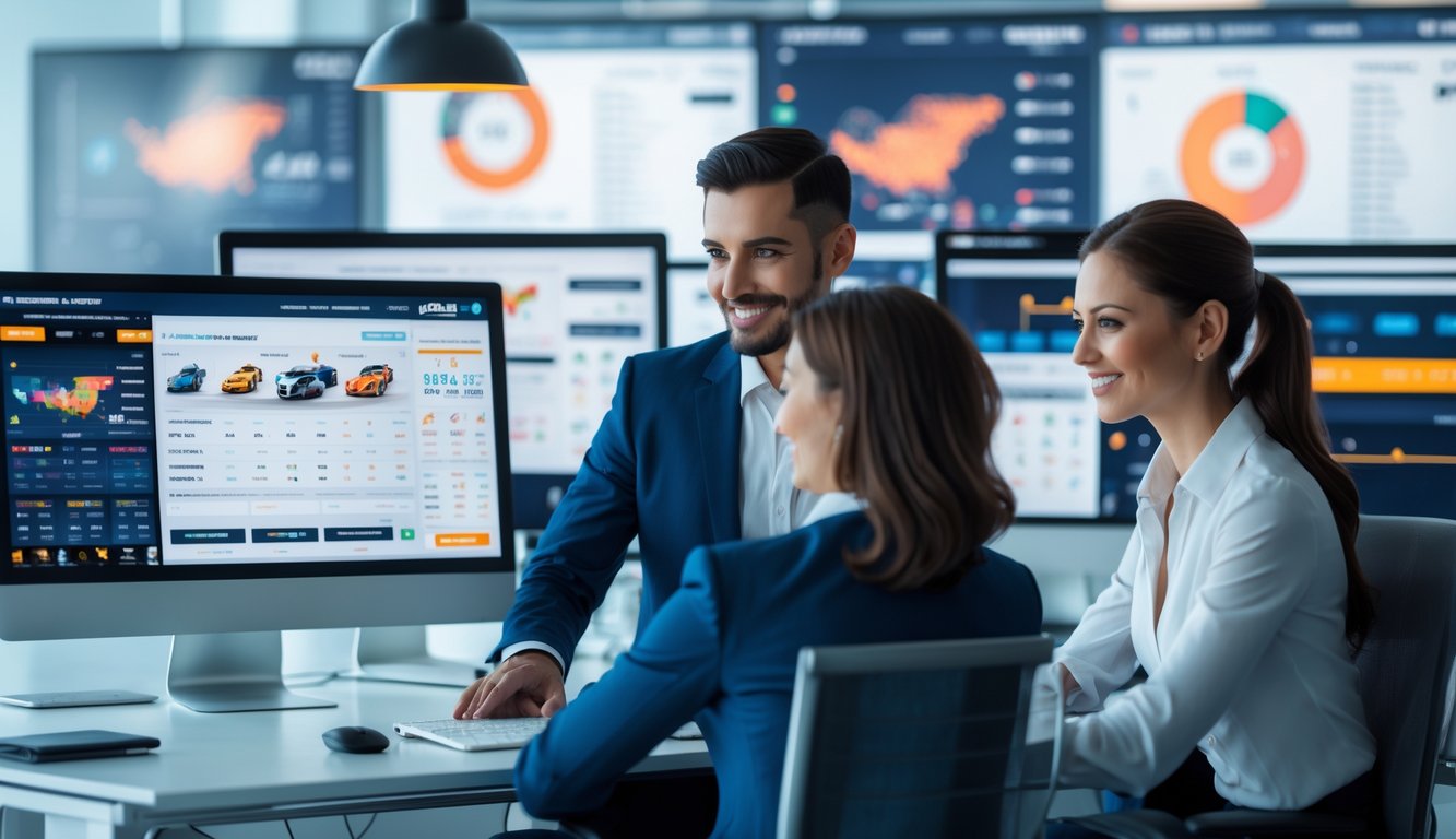 Seorang pria dan wanita bekerja sama di kantor modern dengan beberapa layar komputer yang menampilkan data dan grafik olahraga.