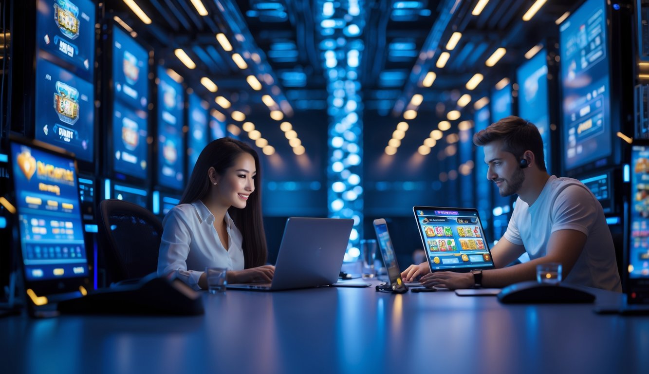Dua orang bermain kasino online dengan server cepat di latar belakang.