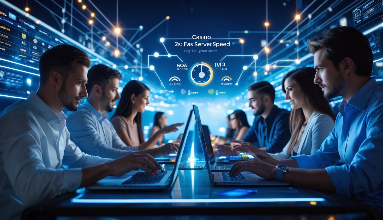 Sejumlah pemain menggunakan perangkat digital untuk bermain live casino online dengan latar belakang elemen digital yang menunjukkan koneksi internet cepat.