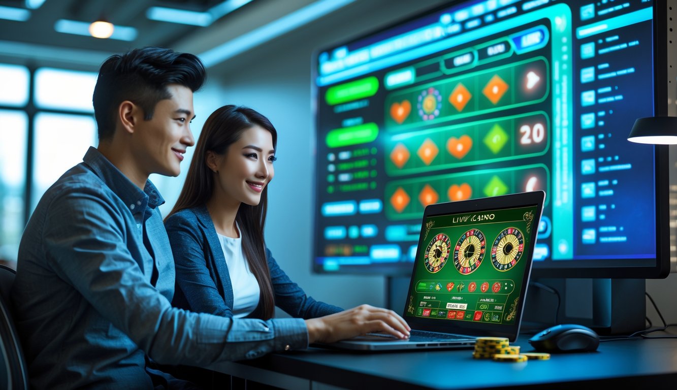 Dua orang dewasa muda duduk di depan laptop dengan tampilan kasino langsung, di latar belakang layar digital menunjukkan ikon server dan data bergerak cepat.