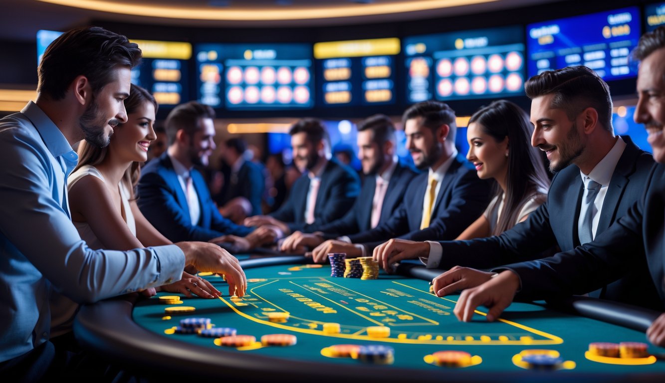 Sejumlah pemain berjudi secara online di meja kasino digital dengan dealer langsung dan layar besar menampilkan permainan secara real-time.