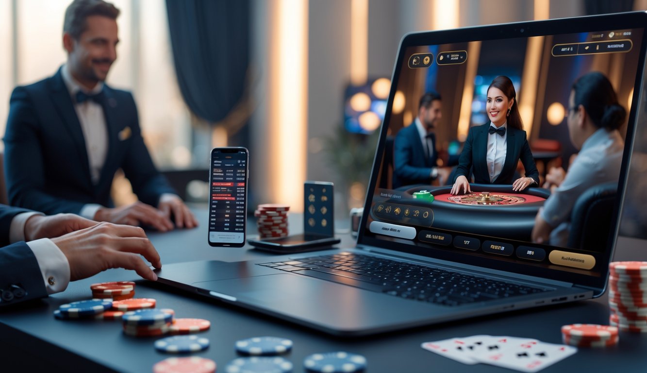 Seorang dealer kasino langsung di depan layar komputer dengan elemen kartu dan chip taruhan di sekitarnya.
