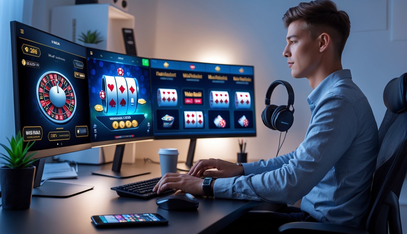 Seorang pria muda duduk di meja modern dengan beberapa monitor menampilkan permainan kasino langsung, menunjukkan koneksi internet cepat dan suasana strategis bermain kasino online.