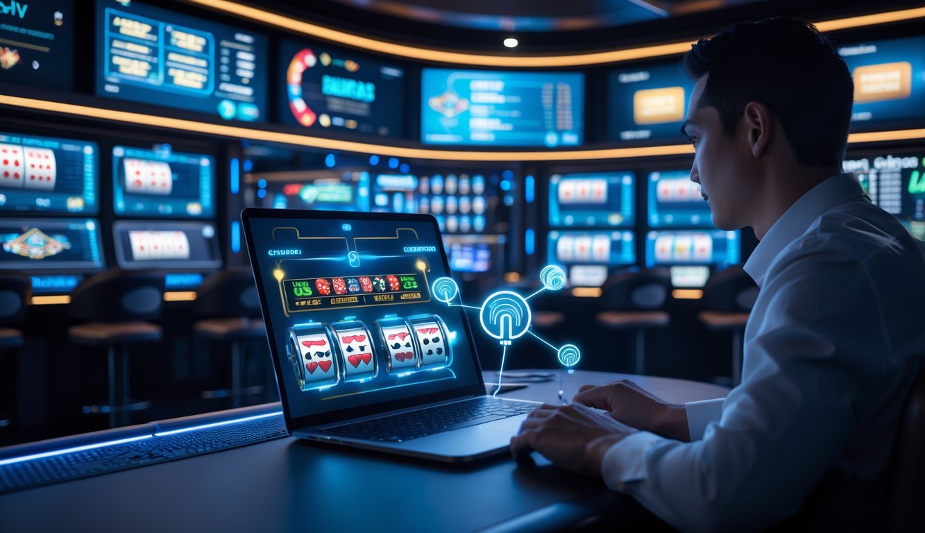 Seorang pemain menggunakan laptop di kasino online dengan layar digital dan rak server di latar belakang.