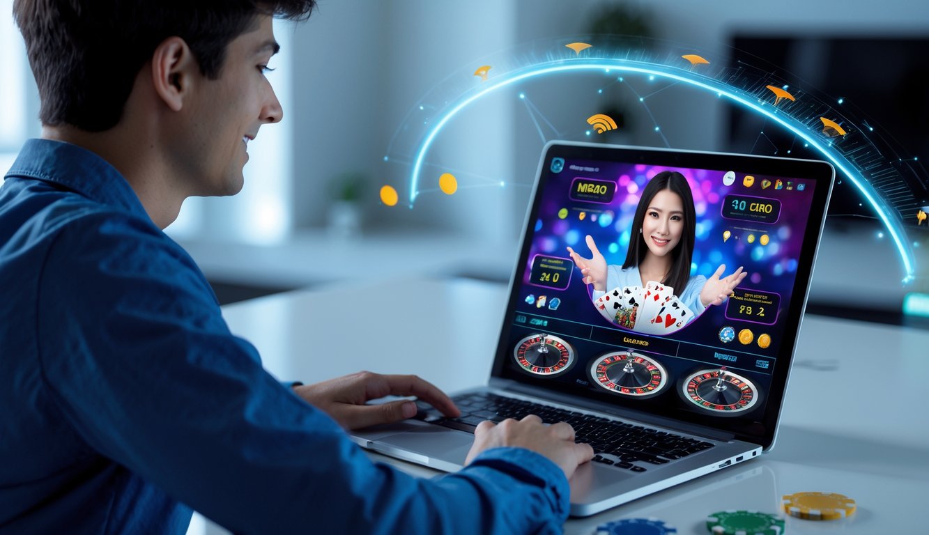 Seorang dewasa muda bermain permainan kasino langsung secara online di laptop di lingkungan rumah yang modern dengan elemen digital yang menunjukkan koneksi internet cepat.