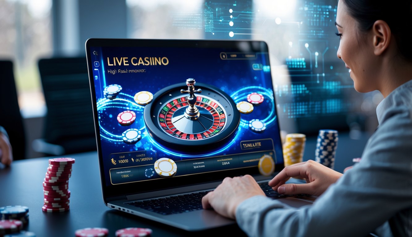 Seseorang menggunakan komputer dengan tampilan dealer kasino langsung dan elemen digital yang menunjukkan koneksi server cepat.
