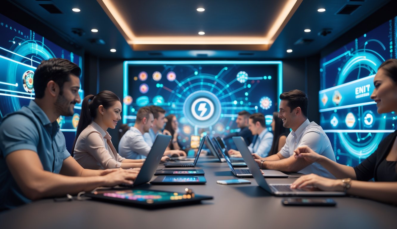Beberapa orang menggunakan perangkat digital untuk bermain live casino online dengan latar belakang elemen digital yang menggambarkan kecepatan server.